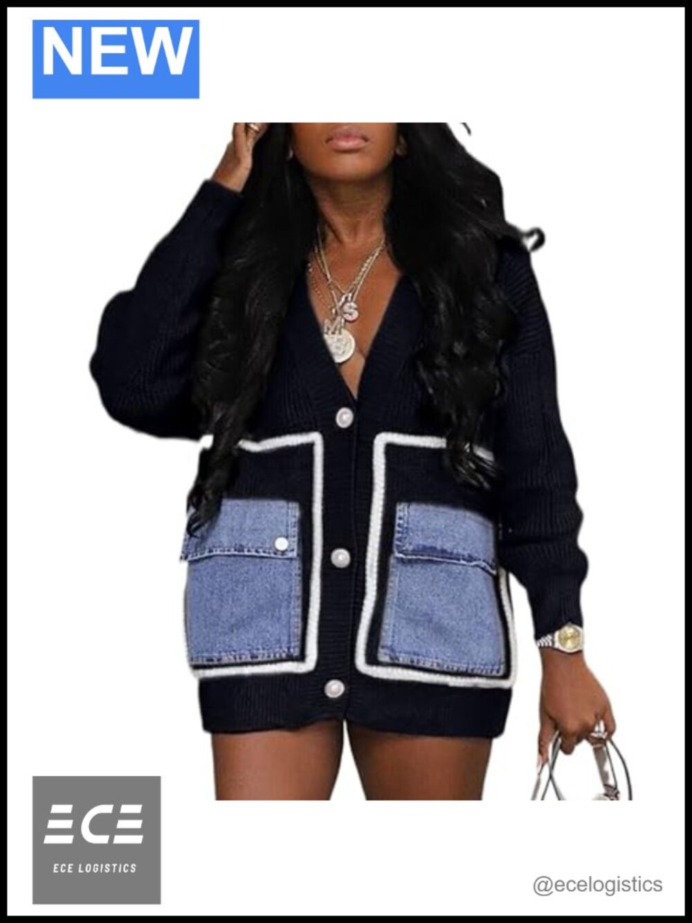 Oversized Open Front Knit Cardigan Sweater with Denim Patch Pockets